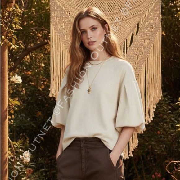 Madewell Tops - Madewell Puff-Sleeve Sweatshirt Tee Heather Natural Sz L Minimalist Chic lounge